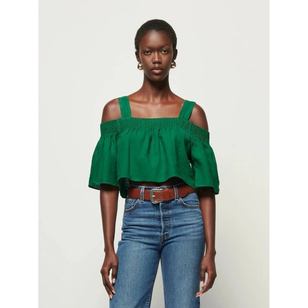 Nation Ltd Smocked Off Shoulder Linen Crop Top Size XS Forest Green Boho Summer